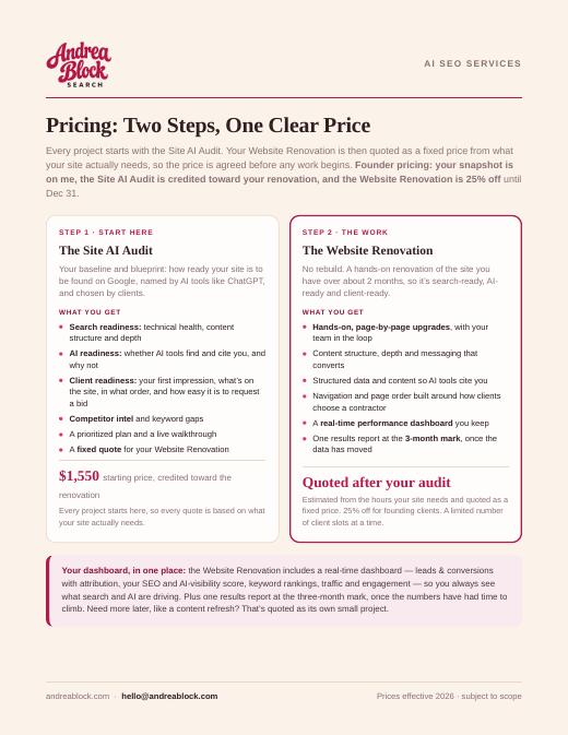 First page of the pricing sheet